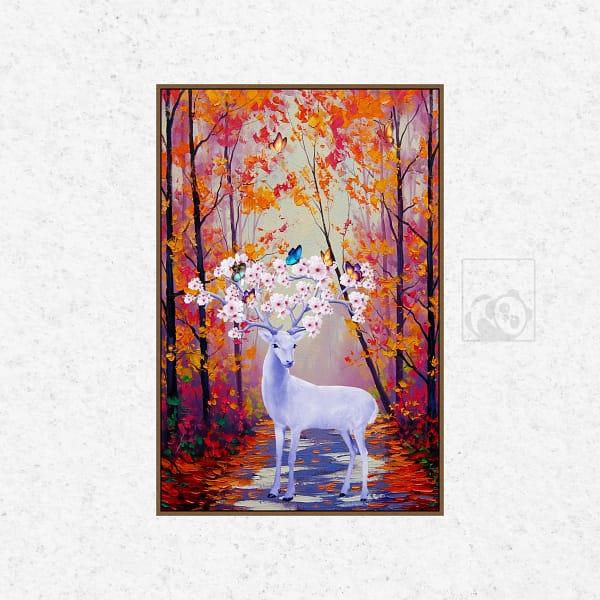 White Deer in Autumn Forest Oil Painting Wall Art