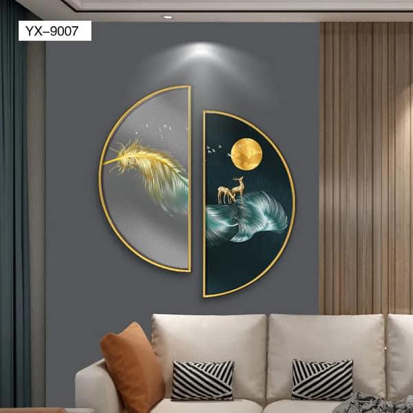 Golden Feather and Moonlight Deer Circular Wall Art