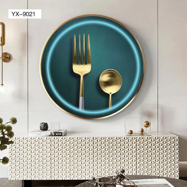 Golden Fork and Spoon with Neon Blue Accent Wall Art