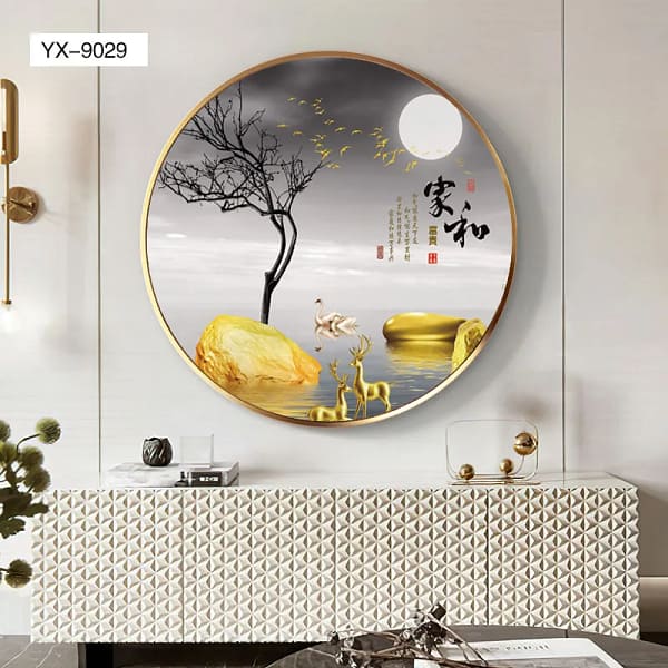 Golden Moon Waterscape with Swans and Deer Wall Art