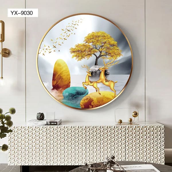 Golden Deer Crossing Stones in Tranquil Waters Wall Art
