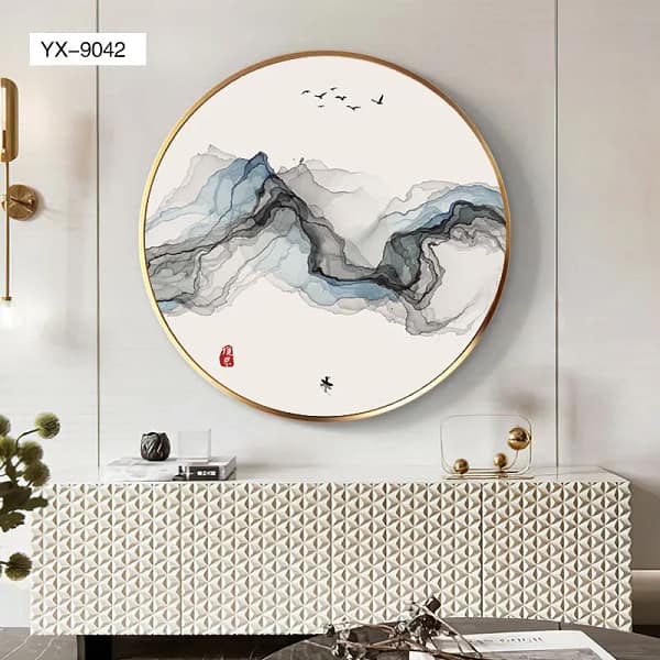 Misty Mountain Ink Wash with Boat and Birds Wall Art