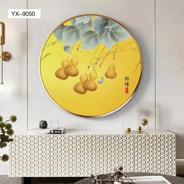 Golden Gourd Harmony with Blue Leaves and Butterfly Wall Art