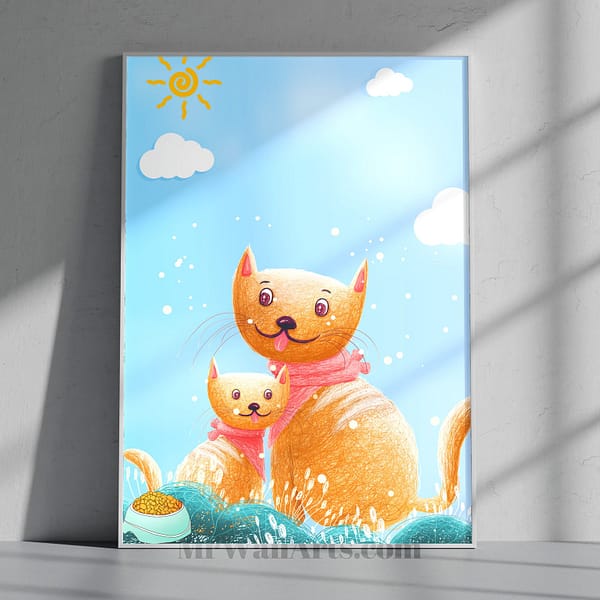 Bright Painted Mother Dog and Puppy in Winter Snow Wall Art Bright Painted Mother Dog and Puppy in Winter Snow Wall Art
