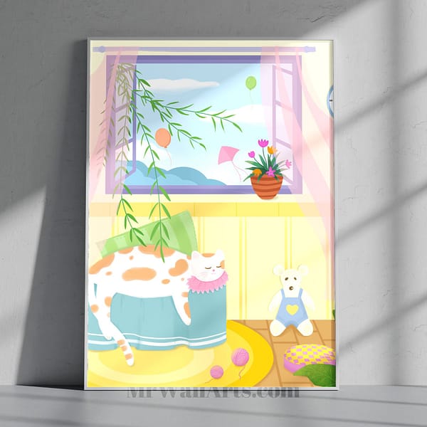 Colorful Sleeping Cat in Floral Decor Living Room Wall Art Colorful Sleeping Cat in Floral Decor Living Room Wall Art