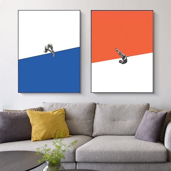 01 Set of 2 Blue-White and Orange-White Minimalist Diving Wall Arts Set of 2 Blue-White and Orange-White Minimalist Diving Wall Arts