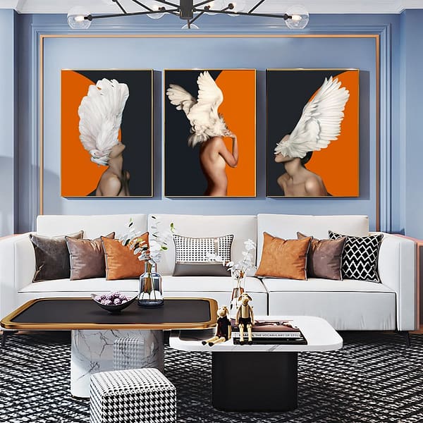 Bold Abstract Orange Character & Feather Set of 3 Wall Arts Bold Abstract Orange Character & Feather Set of 3 Wall Arts