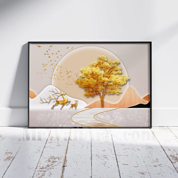 Extra Lux Golden Elks, Birds Tree Modern Entrance Wall Art Extra Lux Golden Elks, Birds Tree Modern Entrance Wall Art