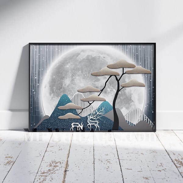 Full White Moon with Giant Tree & Elk Entrance Wall Art Full White Moon with Giant Tree & Elk Entrance Wall Art