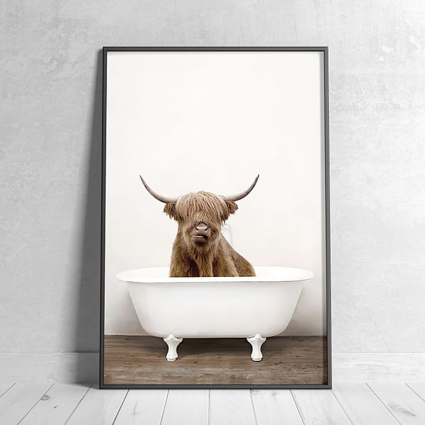 Highland Cow Sitting in a White Clawfoot Bathtub Wall Art Highland Cow Sitting in a White Clawfoot Bathtub Wall Art