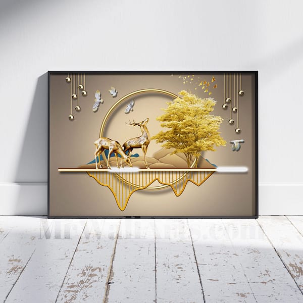 Two Golden Elks in Minimalist Abstract Golden Forest 2 Golden Elks in a Minimalist Golden Forest Wall Art