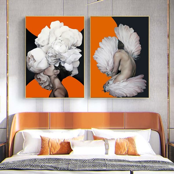 Vibrant Orange Character Duo — Feather Motif Art Prints